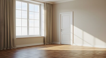 Empty Room Interior with Large Window and Herringbone Wood Floor