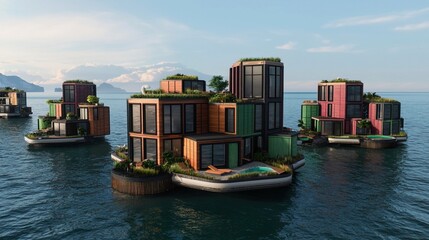Fototapeta premium Modular floating cities designed for resilience against rising sea levels, interconnected habitats, sustainable ocean living.