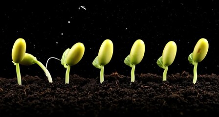 A sequence of bean sprouts in various stages of growth, from seed to young plant, against a dark backdrop animated 4k video