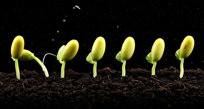 A sequence of bean sprouts in various stages of growth, from seed to young plant, against a dark backdrop animated 4k video