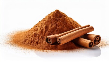 isolated white background of aromatic cinnamon sticks and powder