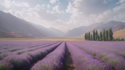 Lavender Field Landscape with Mountains Under a Cloudy Sky in Daylight