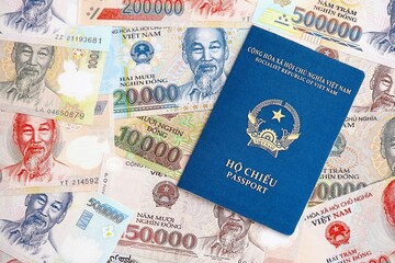 Vietnamese dong currency money bills and passport. The concept of travel and vacation