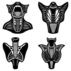 Four stylized cobra heads in black and white showing different views and expressions of the snakes head