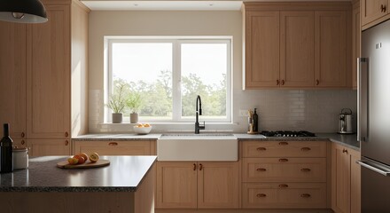 Fototapeta premium Modern Farmhouse Kitchen with Natural Wood Cabinets and Large Window