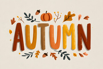 Playful autumn lettering decorated with leaves, acorns, and pumpkin. Seasonal fall design for holiday cards, posters, social media, and cozy greetings.
