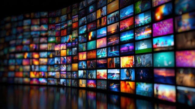 Multimedia streaming wall with vibrant channel images creates colorful abstract entertainment background. Many screens show various colorful moving images. Dynamic content streams.