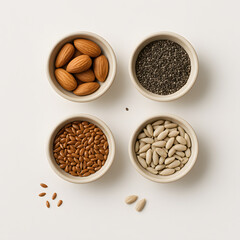 Assorted Organic Seeds and Nuts in Ceramic Bowls