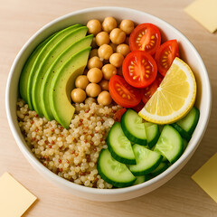 Colorful Vegan Grain Bowl with Avocado, Chickpeas, and Fresh Vegetables