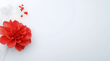 Bright red dahlia with small blossoms on white background. Elegant floral decoration, wedding invitation design, greeting card template, and romantic botanical artwork.