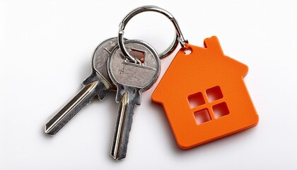 realistic keys with orange house keychain on white background
