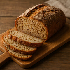 Homemade Rustic Bread Loaf with Slices on Wooden Board