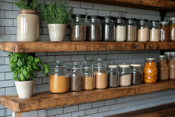 Fototapeta premium Jars and spices neatly arranged on a shelf.