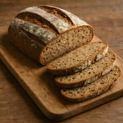 Freshly Baked Artisan Sourdough Bread on Wooden Board