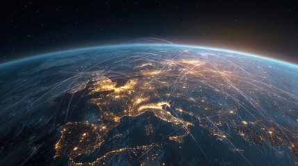 Satellite network connecting Europe. Global tech infrastructure. Satellite in low earth orbit. Light beams connect cities. Night view of Europe. Tech innovation. Global.
