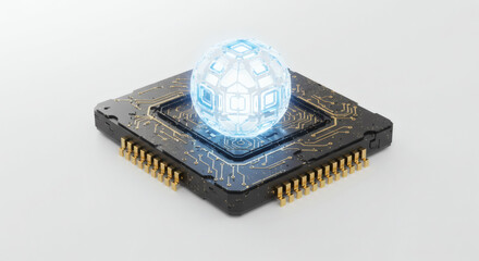 Conceptual representation of artificial intelligence processing on a microchip, highlighting the intricate core of future computing power and data innovation