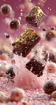 Chocolate treats in mid-air, exploding with pink liquid and sprinkles