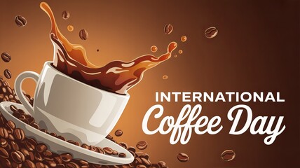 Coffee splashing out of cup for International Coffee Day.