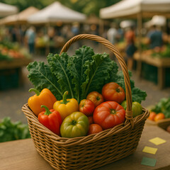 Fresh Organic Vegetables in Wicker Basket at Farmers Market