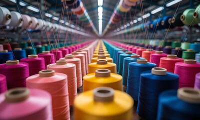 Obraz premium Vast rows of colorful spools of thread create a mesmerizing, kaleidoscopic effect in a textile factory