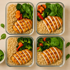 Balanced meal prep containers with chicken rice spinach and vegetables