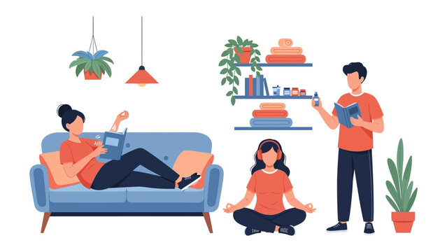 Diverse group of people enjoying relaxing activities at home including reading knitting and meditating in a cozy living room setting