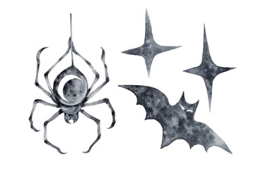 Set of isolated illustrations halloween bat spider on a web stars textured black with granulation watercolor night composition horror hand drawn