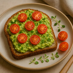 Vegan avocado toast with cherry tomatoes and sprouts on rustic plate