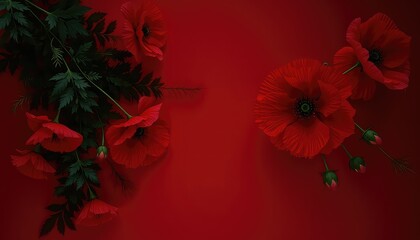 Obraz premium Floral arrangement of vibrant red blossoms and verdant foliage against a matching crimson background, creating a striking contrast and elegant composition