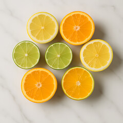 Fresh citrus fruits lemon orange lime halved on white marble background