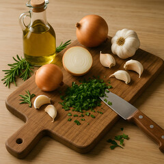 Fresh onions garlic herbs and olive oil on rustic cutting board kitchen prep