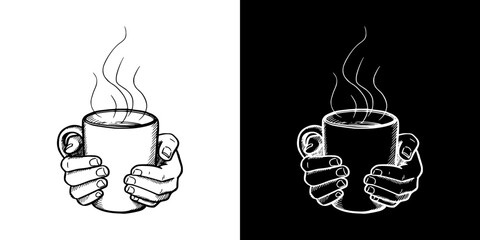Hands holding steaming cup of coffee in monochrome style, isolated vector image, two design options on transparent and black backgrounds, pencil drawing, chalk drawing  