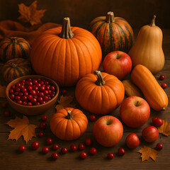 Rustic autumn pumpkins apples cranberries seasonal harvest food with fall leaves dark background