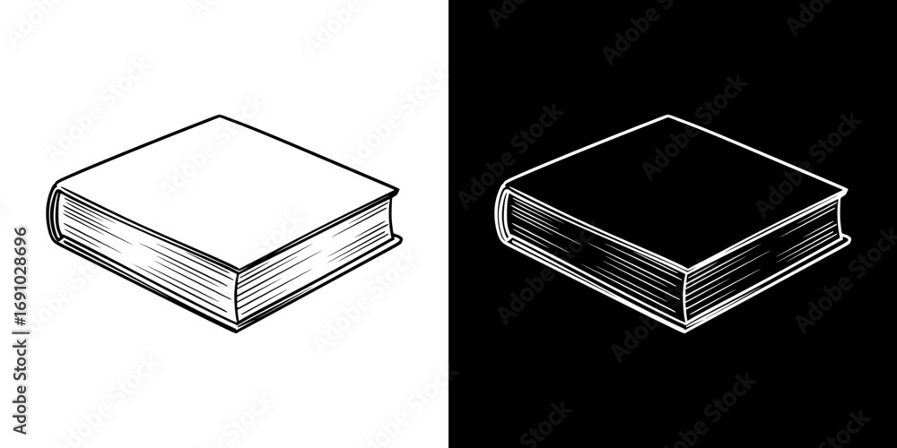 Poster monochrome isolated vector image of a closed book, wo design options on transparent and black backgr