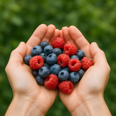 Hands holding fresh blueberries and raspberries natural fruit antioxidant healthy lifestyle food concept
