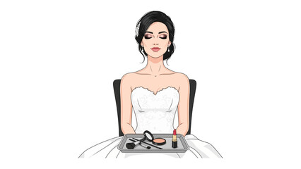 Elegant bride with dark hair wearing a strapless white wedding dress applying makeup with a tray of cosmetics in front of her