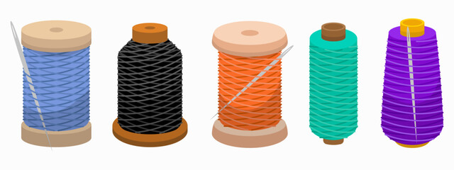 Set of sewing threads of different colors with needles isolated on white background. 3D vector illustration.