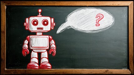 Robot drawing on chalkboard, questioning