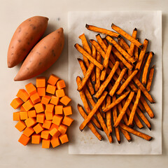 Sweet potato fries and cubes with raw whole sweet potatoes on light background healthy food concept