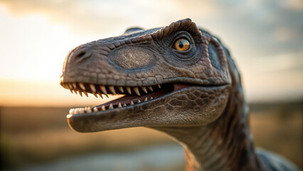 Velociraptor dinosaur reptile predator wildlife sunset field closeup tooth eye