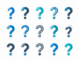 Fifteen stylized question marks in varying shades of blue and teal, arranged in a grid pattern on a white background.
