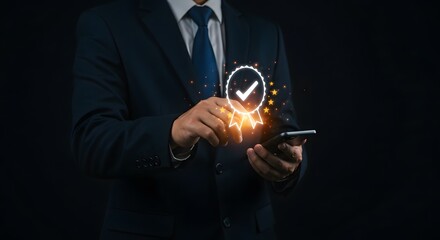 Businessman holding smartphone with glowing quality assurance badge and stars