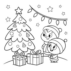 2026 Happy new year. Festive design for Christmas with a bright background vector illustration of coloring page black and white