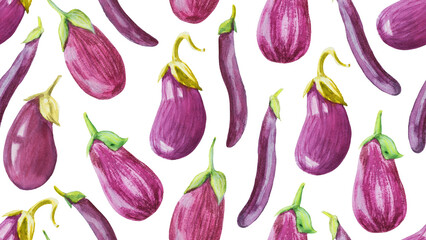 Watercolor eggplant seamless pattern. Fall harvest background with different vegetables of wrapper, packaging, farm market banner