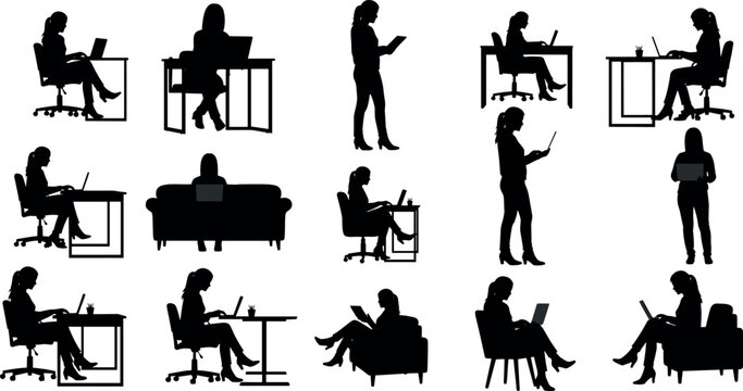Diverse silhouettes of people working studying and relaxing with laptops and books versatile vector graphics collection