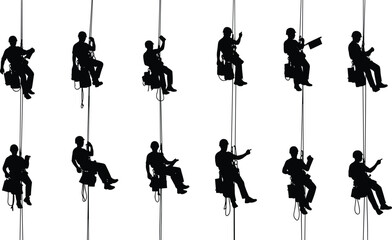 Silhouettes of rope access workers using harnesses and safety gear while suspended, performing maintenance or inspection at height.