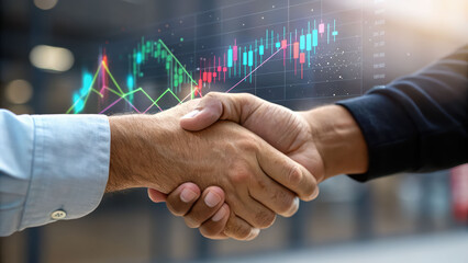 Handshake business finance market data chart trade index show social trust and selling momentum in deal under bright office light