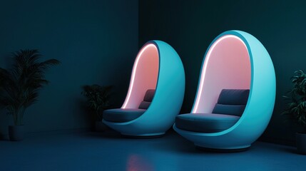 Personalized virtual reality meditation pods headset lens, subtle light reflection, clear image, immersive view.