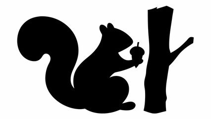 Silhouette of a squirrel holding an acorn next to a tree with a branch on a white background