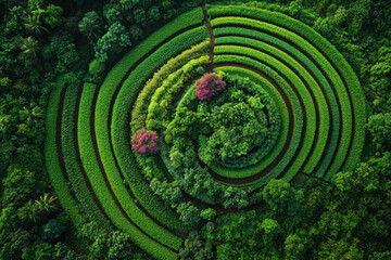 Naklejka premium Circular maze surrounded by lush green forest.